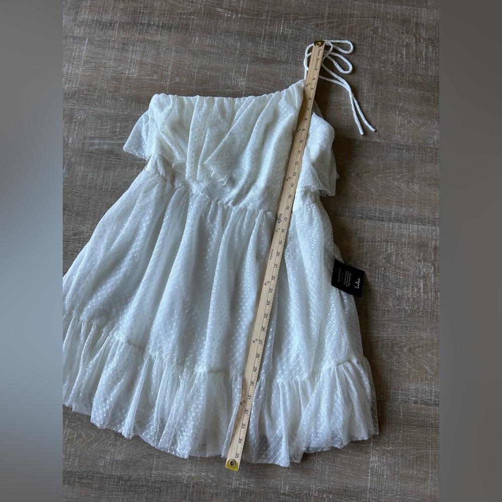 ▶️ Lulus White One Shoulder Ruffle Dress Womens L Mini Bridal Shower Party NWT - Picture 10 of 10